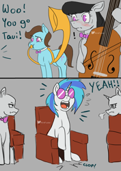 Size: 2480x3508 | Tagged: safe, artist:nire, imported from derpibooru, beauty brass, dj pon-3, octavia melody, vinyl scratch, earth pony, pony, unicorn, blushing, bow (instrument), bowtie, cello, cheering, clapping, confused, embarrassed, glasses, musical instrument, seats, sousaphone, stomping