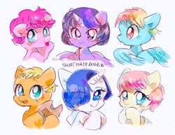 Size: 2048x1583 | Tagged: safe, artist:osawari64, imported from derpibooru, applejack, fluttershy, pinkie pie, rainbow dash, rarity, twilight sparkle, alicorn, earth pony, pegasus, pony, unicorn, :p, alternate hairstyle, bust, cute, female, hair over one eye, hatless, mane six, mare, missing accessory, portrait, short hair, simple background, tongue out, twilight sparkle (alicorn), white background