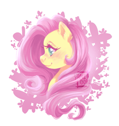 Size: 851x900 | Tagged: safe, artist:yami-sempai, imported from derpibooru, fluttershy, butterfly, pony, blushing, bust, cute, ear fluff, female, mare, portrait, profile, shyabetes, smiling, solo