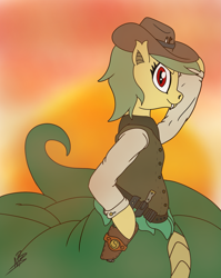 Size: 1939x2434 | Tagged: safe, artist:shappy the lamia, imported from derpibooru, oc, oc:shappy, earth pony, hybrid, lamia, original species, pony, semi-anthro, afternoon, bullet, cigar, cigarette, cliff, clothes, coiling, cowboy, cowboy hat, cowgirl, desert, detached sleeves, determined, duel, dust, eye contact, fangs, gun, hat, holster, hooves up, knife, long sleeves, long tail, looking at each other, old west, proud, red eyes, scales, shirt, shooting, short mane, slit eyes, slit pupils, snake eyes, snake tail, stick, sun, sunset, vest, weapon, western