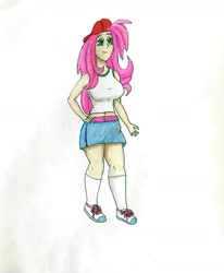 Size: 1352x1641 | Tagged: safe, artist:martialarts2003, imported from derpibooru, fluttershy, equestria girls, 90s grunge fluttershy, belly button, breasts, busty fluttershy, clothes, denim skirt, female, gameloft interpretation, hand on hip, hat, long hair, midriff, shirt, skirt, solo, tanktop, traditional art