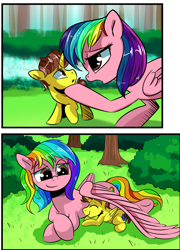 Size: 1059x1470 | Tagged: safe, artist:candyclumsy, imported from derpibooru, oc, oc:candy clumsy, oc:tommy the human, alicorn, pegasus, pony, alicorn oc, babysitting, canterlot, child, colt, comforting, comic, commissioner:bigonionbean, cutie mark, female, horn, hug, lying down, male, mare, park, sad, sneak peek, winghug, wings, writer:bigonionbean