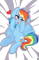 Size: 2283x3508 | Tagged: safe, artist:minty joy, imported from derpibooru, rainbow dash, pegasus, pony, :p, backwards cutie mark, beanbrows, bed, blushing, chest fluff, commission, cute, dakimakura cover, dashabetes, ear fluff, eyebrows, heart, heart eyes, hooves on cheeks, hug, leg fluff, one eye closed, pillow, pillow hug, solo, spread wings, squishy cheeks, tongue out, wingding eyes, wings, wink