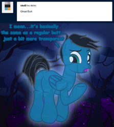 Size: 7200x8064 | Tagged: safe, artist:agkandphotomaker2000, imported from derpibooru, oc, oc:pony video maker, ghost, pegasus, pony, undead, tumblr:pony video maker's blog, ask, butt, dialogue, dock, forest, forest background, night, non-canon, not canon to oc, pegasus booty, plot, show accurate, transparent, tumblr