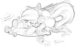 Size: 1834x1145 | Tagged: safe, artist:breioom, artist:breioomart, imported from derpibooru, oc, oc only, oc:bay breeze, pegasus, clothes, cute, female, gamer, headset, mare, monochrome, mountain dew, pillow, sketch, socks, striped socks, tired, traditional art