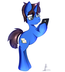 Size: 1024x1138 | Tagged: safe, artist:almaustral, imported from derpibooru, oc, oc only, pony, unicorn, bipedal, cellphone, glasses, hoof hold, horn, phone, signature, simple background, smartphone, solo, unicorn oc, white background