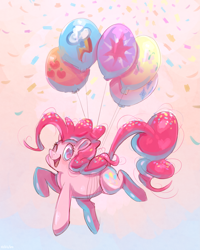 Size: 2941x3681 | Tagged: safe, artist:pinxie, artist:ribbonpinxie, imported from derpibooru, pinkie pie, earth pony, pony, balloon, confetti, cute, cutie mark, diapinkes, female, floating, high res, implied applejack, implied fluttershy, implied rainbow dash, implied rarity, implied twilight sparkle, mare, open mouth, pixiv, solo, then watch her balloons lift her up to the sky