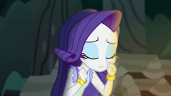 Size: 1920x1080 | Tagged: safe, edit, edited screencap, editor:mycarhasamoustache, imported from derpibooru, screencap, rarity, equestria girls, legend of everfree, camp everfree outfits, eyes closed, female, jewelry, smile edit, solo