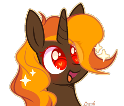 Size: 840x720 | Tagged: safe, artist:lazuli, artist:mint-light, imported from derpibooru, oc, oc only, oc:firebreak, pony, unicorn, bust, commission, genderqueer, heart eyes, horn, open mouth, signature, simple background, smiling, solo, transparent background, unicorn oc, wingding eyes, ych result