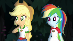 Size: 1920x1080 | Tagged: safe, imported from derpibooru, screencap, applejack, rainbow dash, equestria girls, legend of everfree, camp everfree outfits, clothes, cute, cutie mark, cutie mark on clothes, dashabetes, duo, female, jackabetes