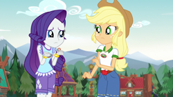 Size: 1920x1080 | Tagged: safe, imported from derpibooru, screencap, applejack, rarity, equestria girls, legend of everfree, camp everfree outfits, clothes, cutie mark, cutie mark on clothes, duo, female, looking at each other