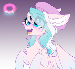 Size: 2726x2495 | Tagged: safe, artist:lazuli, artist:mint-light, imported from derpibooru, oc, oc only, oc:foxyhollows, pegasus, pony, beret, blushing, bust, chest fluff, commission, donut, eye clipping through hair, food, gradient background, hat, looking up, open mouth, pegasus oc, smiling, solo, wings, ych result