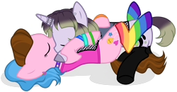 Size: 3233x1680 | Tagged: safe, alternate version, artist:unichan, imported from derpibooru, oc, oc only, oc:glitter ink, oc:sunshine smiles (ice1517), earth pony, pony, unicorn, black socks, choker, clothes, commission, ear piercing, earring, eyes closed, female, fishnet clothing, french kiss, hug, jewelry, kissing, lesbian, multicolored hair, oc x oc, piercing, rainbow socks, shipping, simple background, socks, stockings, striped socks, tanktop, tattoo, thigh highs, transparent background, unshorn fetlocks, wristband, ych result