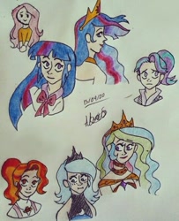 Size: 540x665 | Tagged: safe, imported from derpibooru, fluttershy, luster dawn, princess celestia, princess luna, starlight glimmer, twilight sparkle, alicorn, human, the last problem, humanized, princess twilight 2.0, s1 luna, signature, traditional art, twilight sparkle (alicorn)