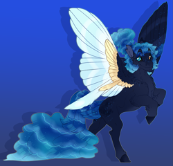 Size: 1563x1500 | Tagged: safe, artist:seffiron, imported from derpibooru, oc, oc only, oc:evening tide, pegasus, pony, colored wings, heterochromia, male, multicolored wings, offspring, parent:nightmare moon, parents:canon x oc, solo, stallion, wings