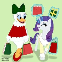 Size: 1080x1080 | Tagged: safe, artist:stargazerseven, imported from derpibooru, rarity, anthro, bird, duck, pony, unicorn, anthro with ponies, bag, clothes, crossover, daisy duck, duo, eyes closed, female, glowing horn, green background, high heels, horn, magic, shoes, simple background, telekinesis