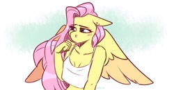 Size: 2579x1342 | Tagged: safe, artist:lrusu, imported from derpibooru, fluttershy, anthro, pegasus, blushing, bust, clothes, ear piercing, floppy ears, looking away, piercing, shy, solo, spread wings, top, wings