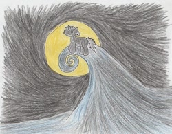 Size: 585x456 | Tagged: safe, artist:ponycharade, imported from derpibooru, oc, oc:charade, unicorn, horn, moon, movie reference, night, prompt, spiral hill, the nightmare before christmas, traditional art, unicorn oc