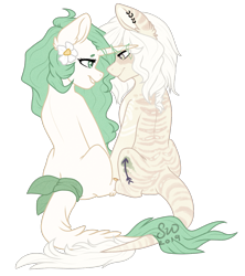 Size: 1063x1198 | Tagged: safe, artist:silentwolf-oficial, imported from derpibooru, oc, oc only, earth pony, pony, duo, ear piercing, earring, earth pony oc, flower, flower in hair, jewelry, leonine tail, looking at each other, piercing, simple background, sitting, transparent background