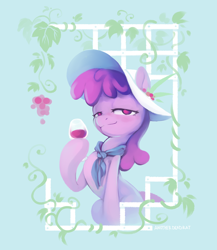 Size: 2232x2568 | Tagged: safe, artist:anotherdeadrat, imported from derpibooru, berry punch, berryshine, pony, alcohol, female, food, glass, grapes, hat, high res, hoof hold, lidded eyes, neckerchief, redraw, solo, wine, wine glass