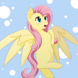 Size: 1200x1200 | Tagged: safe, artist:backgroundpony#f352, imported from derpibooru, fluttershy, pegasus, pony, blue background, eyes open, female, fluffy, mare, open mouth, pastel, simple background, smiley face, smiling, solo, spread wings, wings