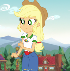 Size: 1066x1080 | Tagged: safe, edit, edited screencap, editor:mycarhasamoustache, imported from derpibooru, screencap, applejack, equestria girls, legend of everfree, camp everfree outfits, cropped, cute, female, jackabetes, smile edit, solo