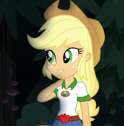 Size: 1062x1080 | Tagged: safe, edit, edited screencap, editor:mycarhasamoustache, imported from derpibooru, screencap, applejack, equestria girls, legend of everfree, camp everfree outfits, cropped, cute, female, jackabetes, smile edit, solo