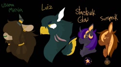 Size: 1280x712 | Tagged: safe, artist:lepiswerid, imported from derpibooru, oc, oc only, oc:luiz, oc:starstruck glow, oc:sunspeck, oc:usama mirnia, earth pony, griffon, pony, unicorn, yak, adopted oc, adopted offspring, brother and sister, bust, child, colored wings, cutie mark, ear piercing, earring, female, griffon oc, horn, horn ring, jewelry, male, piercing, portrait, ring, scar, siblings, tired, wings, yak oc