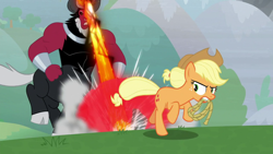 Size: 1920x1080 | Tagged: safe, imported from derpibooru, screencap, applejack, lord tirek, centaur, earth pony, pony, the ending of the end, blast, bracer, cloven hooves, colored hooves, cowboy hat, duo, female, hat, magic, magic beam, magic blast, male, mare, mouth hold, nose piercing, nose ring, piercing, rope, septum piercing