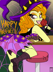 Size: 3780x5142 | Tagged: safe, artist:dncsamsonart, artist:malevolentsamson, imported from derpibooru, adagio dazzle, equestria girls, adagio dat-azzle, barstool, caramel apple (food), clothes, costume, female, halloween, halloween costume, hat, holiday, kneeling, looking at you, looking back, looking back at you, solo, solo female, spider web, tongue out, witch, witch hat