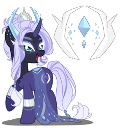 Size: 1600x1700 | Tagged: safe, artist:gihhbloonde, artist:meimisuki, imported from derpibooru, oc, oc only, hybrid, pony, unicorn, adoptable, base used, black sclera, bracelet, clothes, colored sclera, crown, dress, ear piercing, earring, eyeshadow, female, horns, interspecies offspring, jewelry, makeup, mare, offspring, open mouth, parent:lord tirek, parent:rarity, parents:rarirek, piercing, raised hoof, regalia, see-through, simple background, solo, transparent background