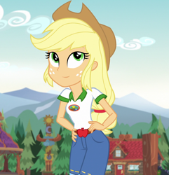 Size: 1040x1080 | Tagged: safe, edit, edited screencap, editor:mycarhasamoustache, imported from derpibooru, screencap, applejack, equestria girls, legend of everfree, camp everfree outfits, clothes, cropped, cute, cutie mark, cutie mark on clothes, female, jackabetes, smile edit, solo