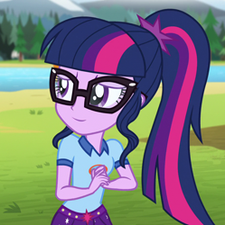 Size: 928x930 | Tagged: safe, edit, edited screencap, editor:mycarhasamoustache, imported from derpibooru, screencap, sci-twi, twilight sparkle, equestria girls, legend of everfree, camp everfree outfits, cropped, female, smile edit, solo