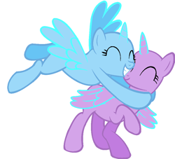 Size: 937x852 | Tagged: safe, artist:maverickmam, imported from derpibooru, oc, oc only, alicorn, pony, alicorn oc, bald, base, duo, eyelashes, eyes closed, flying, grin, horn, hug, simple background, smiling, white background, wings