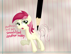 Size: 4032x3024 | Tagged: safe, artist:background basset, derpibooru exclusive, imported from derpibooru, roseluck, pony, dialogue, drawing, drawn into existence, female, implied human, offscreen character, paper, pencil, self deprecation, solo, text