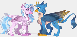 Size: 1781x868 | Tagged: safe, artist:wanderingpegasus, imported from derpibooru, gallus, silverstream, classical hippogriff, griffon, hippogriff, cheek fluff, chest fluff, duo, ear fluff, female, fluffy, gallstream, male, shipping, straight