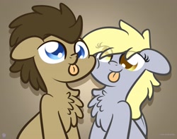 Size: 3250x2560 | Tagged: dead source, safe, artist:kimjoman, artist:php142, artist:purpleflix, imported from derpibooru, derpy hooves, doctor whooves, time turner, earth pony, pegasus, pony, :p, brown background, chest fluff, cute, derpabetes, doctorbetes, doctorderpy, female, male, mare, shipping, silly, silly pony, simple background, sitting, stallion, straight, tongue out
