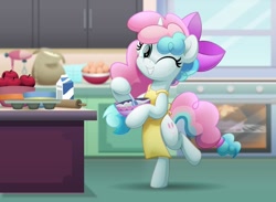 Size: 800x584 | Tagged: safe, artist:jhayarr23, imported from derpibooru, oc, oc:sugar drizzle, pony, unicorn, apple, apron, bipedal, bow, bowl, clothes, female, food, hair bow, mare, milk, solo