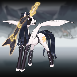 Size: 1500x1500 | Tagged: safe, artist:arareroll, imported from derpibooru, princess celestia, alicorn, pony, alternate hairstyle, black metal, corpse paint, electric guitar, emo, face paint, female, guitar, lipstick, magic, magic aura, mare, metal, musical instrument, solo, spiked wristband, spikes, wings, wristband