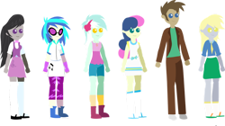 Size: 1024x574 | Tagged: safe, artist:archooves, imported from derpibooru, bon bon, derpy hooves, dj pon-3, doctor whooves, lyra heartstrings, octavia melody, sweetie drops, time turner, vinyl scratch, human, equestria girls, background six, equestria girls-ified, pointy people, simple background, transparent background