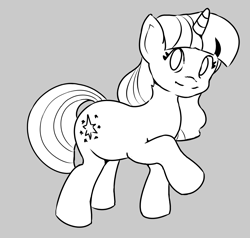 Size: 3583x3415 | Tagged: safe, artist:pencilfriend, imported from derpibooru, twilight sparkle, pony, unicorn, black and white, cutie mark, female, gray background, grayscale, horn, looking at you, mare, monochrome, one hoof raised, raised hoof, simple background, smiling, solo, unicorn twilight