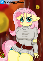 Size: 2894x4093 | Tagged: safe, artist:panda-man90, artist:xiongshan, imported from derpibooru, fluttershy, anthro, pegasus, autumn, belt, big breasts, blushing, breasts, busty fluttershy, clothes, digital art, female, floppy ears, flutterthighs, leaf, looking at you, shorts, solo, sweater, sweatershy, tail, tree
