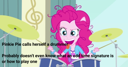 Size: 1908x1005 | Tagged: safe, edit, edited screencap, imported from derpibooru, screencap, pinkie pie, equestria girls, pinkie on the one, rainbow rocks, cymbals, drums, drumsticks, female, hi-hat, musical instrument, ponied up, solo