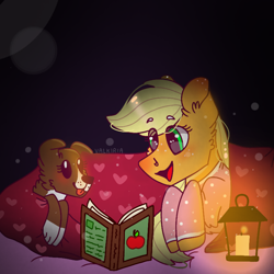 Size: 768x768 | Tagged: safe, artist:valkiria, derpibooru exclusive, imported from derpibooru, applejack, winona, dog, earth pony, apple, blanket, book, cheek fluff, clothes, cute, ear fluff, food, heart, jackabetes, lantern, open mouth, pajamas, reading, winonabetes