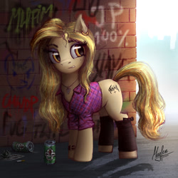Size: 1299x1299 | Tagged: safe, artist:magfen, imported from derpibooru, oc, oc only, oc:sweet amber, earth pony, pony, can, cigarette, clothes, ear piercing, earring, female, graffiti, jewelry, mare, necklace, piercing, shirt, solo