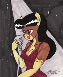 Size: 1985x2425 | Tagged: safe, artist:newyorkx3, imported from derpibooru, oc, oc only, oc:crystal, anthro, earth pony, adorasexy, beautiful, beautiful eyes, beautiful hair, beautisexy, black hair, breasts, busty crystal, cleavage, clothes, cute, dress, female, lounge singer, microphone, sexy, shiny, shiny hair, singing, solo, sparkles, sparkly dress, spotlight, stars, traditional art