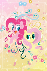 Size: 6321x9482 | Tagged: safe, artist:illumnious, imported from derpibooru, fluttershy, pinkie pie, earth pony, pegasus, pony, abstract background, absurd resolution, duo, female, looking at each other, mare, open mouth, smiling, vector