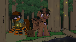 Size: 3840x2160 | Tagged: safe, artist:ljdamz1119, imported from derpibooru, oc, oc only, oc:light f1ux, oc:light flux, oc:stay metal, earth pony, firefly (insect), insect, pegasus, pony, bag, commission, duo, ear piercing, earring, eye clipping through hair, forest, jewelry, lantern, male, mouth hold, necklace, night, open mouth, piercing, river, saddle bag, scenery, smiling, stallion, stream, water