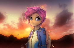 Size: 2480x1600 | Tagged: safe, artist:radioaxi, artist:reterica, imported from derpibooru, scootaloo, equestria girls, clothes, cute, cutealoo, female, jacket, looking at you, scenery, shirt, solo, sun, wings