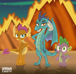 Size: 3672x3603 | Tagged: safe, artist:gradiusfanatic, artist:tomfraggle, imported from derpibooru, princess ember, smolder, spike, dragon, crossed arms, dragon trio, dragoness, female, gradius, looking at you, male, trio